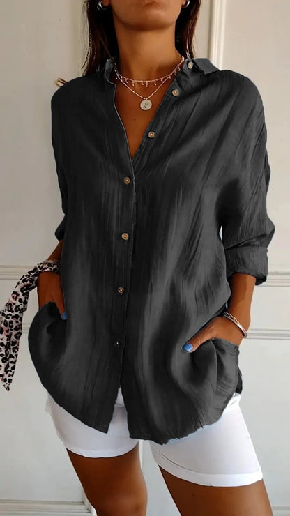 Women's Button-Down Long Sleeve Shirt – Relaxed Fit with Lapel Collar