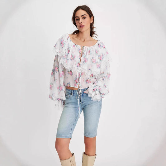 Women’s Blouse – Chiffon – Loose Fit – Floral Print – Lace Trim – Tie Front – Long Sleeve