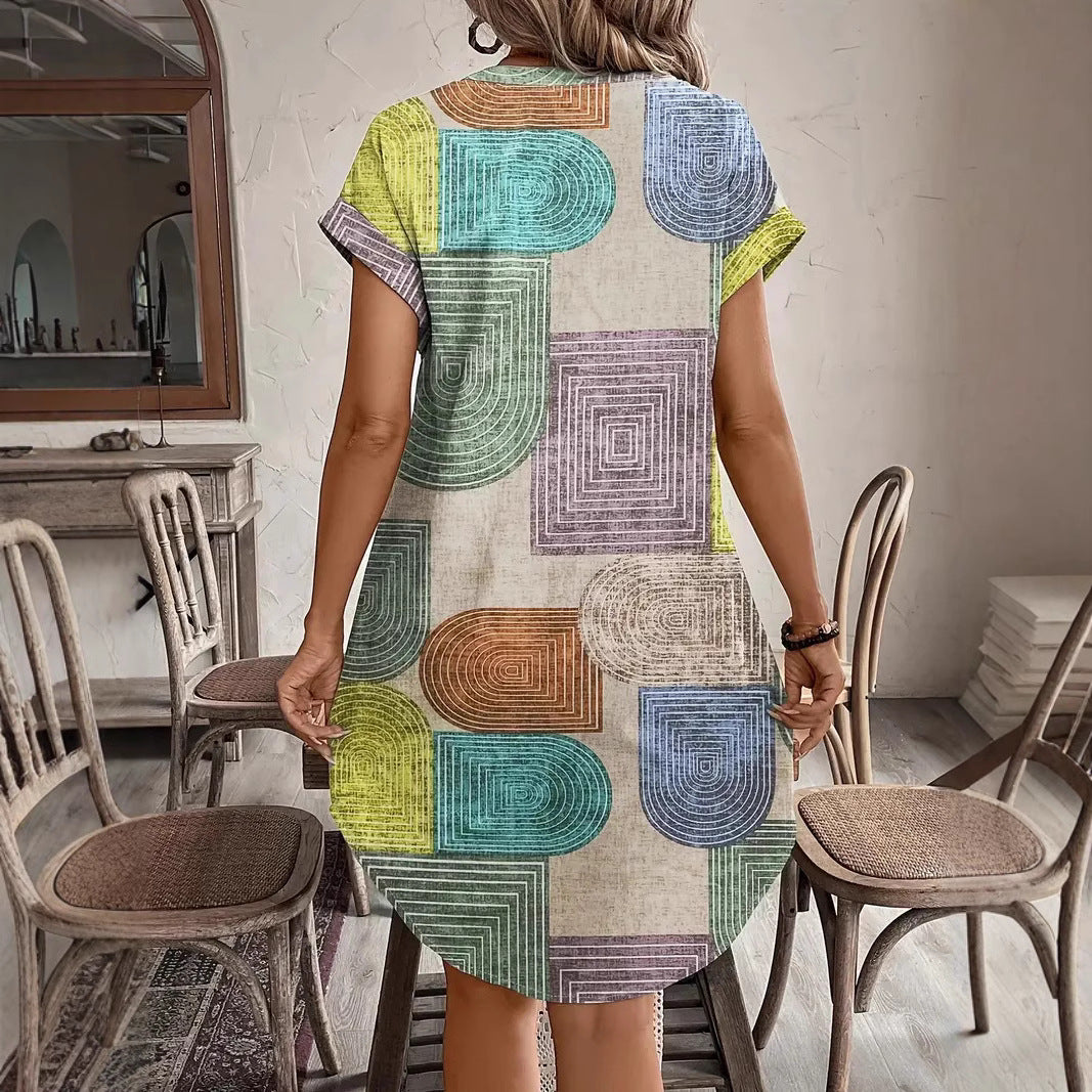 Women’s V-Neck Dress – Relaxed Fit – Button Front – Short Sleeve – Breathable Blend