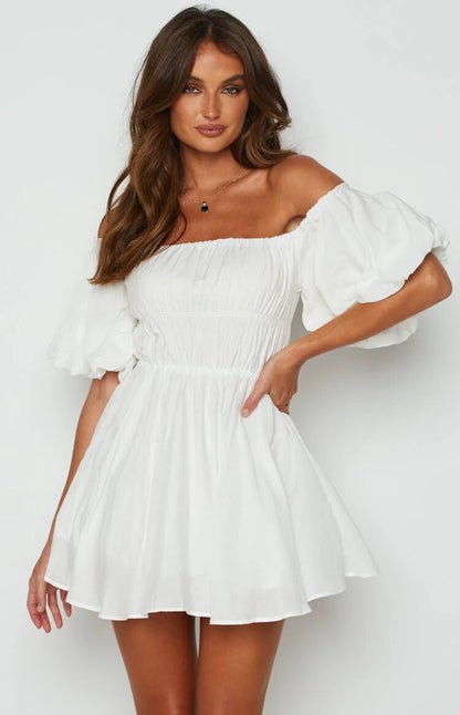 Women’s Mini Dress – Off-Shoulder Puff Sleeve – Flared A-Line – Elastic Waist