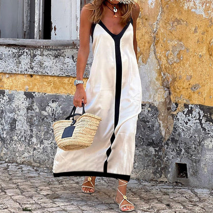 Women’s Midi Dress – Relaxed Fit – Adjustable Straps – V-Neck – Luxury Fabric Trim Detail
