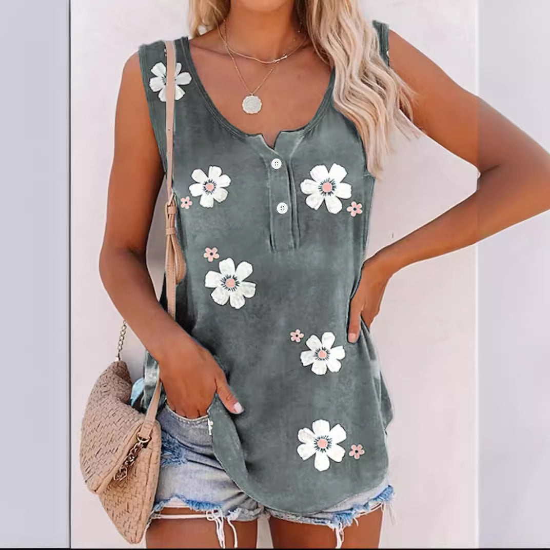 Women’s Sleeveless Top – Relaxed Fit – Floral Print – Round Neck with Button Detail