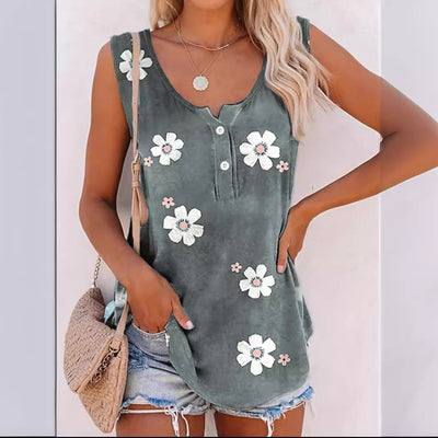 Women’s Sleeveless Top – Relaxed Fit – Floral Print – Round Neck with Button Detail