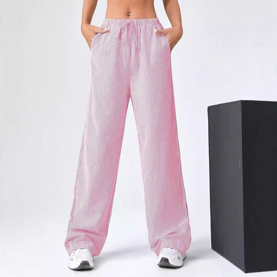 Women’s Straight-Leg Trousers – Relaxed Fit – Breathable – Drawstring Waist – Striped