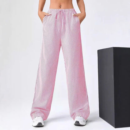 Women’s Straight-Leg Trousers – Relaxed Fit – Breathable – Drawstring Waist – Striped