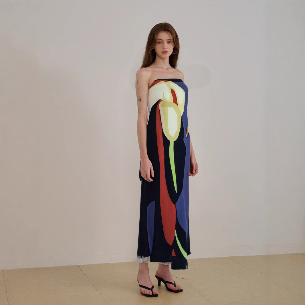 Women’s Strapless Midi Dress – Abstract Print – Lightweight Flowing Fit