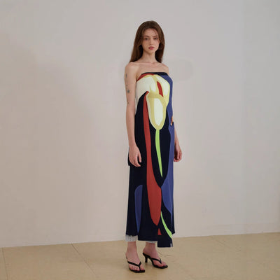 Women’s Strapless Midi Dress – Abstract Print – Lightweight Flowing Fit