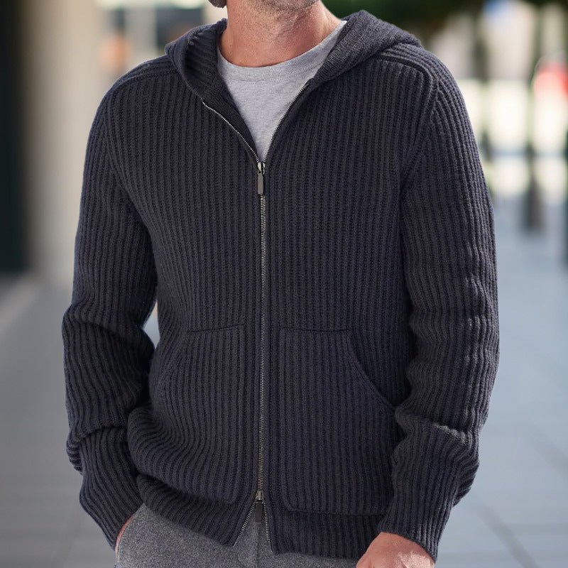 Men’s Hooded Cardigan – Relaxed Fit – Ribbed Knit – Long Sleeve Casual Wear