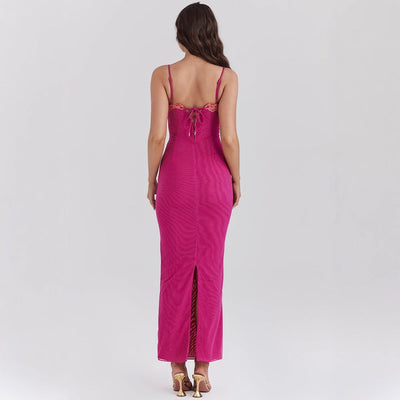 Women’s Maxi Dress – Slim Fit – Lace Trim – Bustier Top – Spaghetti Straps – Sheer Hem