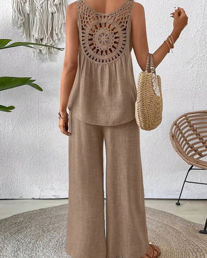 Women’s Summer Set – Sleeveless Crochet Top & Flowy Wide-Leg Pants – Casual Two-Piece Outfit