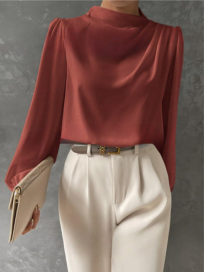 Women’s Satin Blouse – Relaxed Fit – High Neck – Long Sleeve Elegant Draped Top