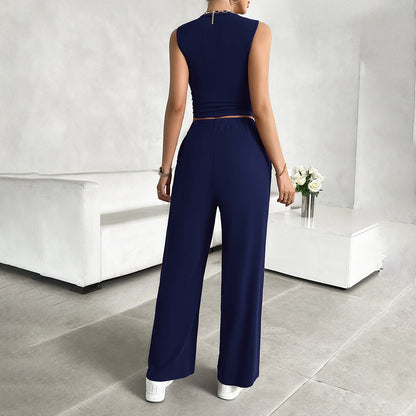 Women’s 2-Piece Set – Sleeveless Crop Top – Wide-Leg Pants – Lightweight Stretch Fabric