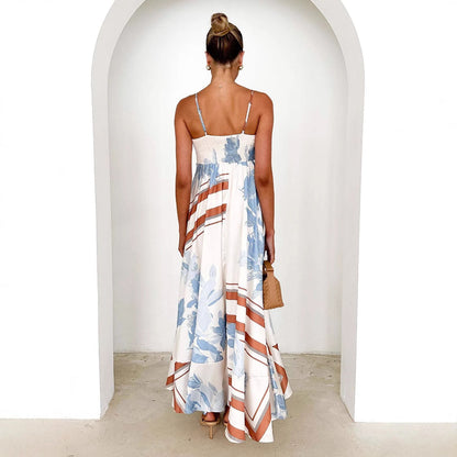 Women’s Maxi Dress – A-Line Fit – Smocked Bodice – Backless – Floral Geometric Pattern