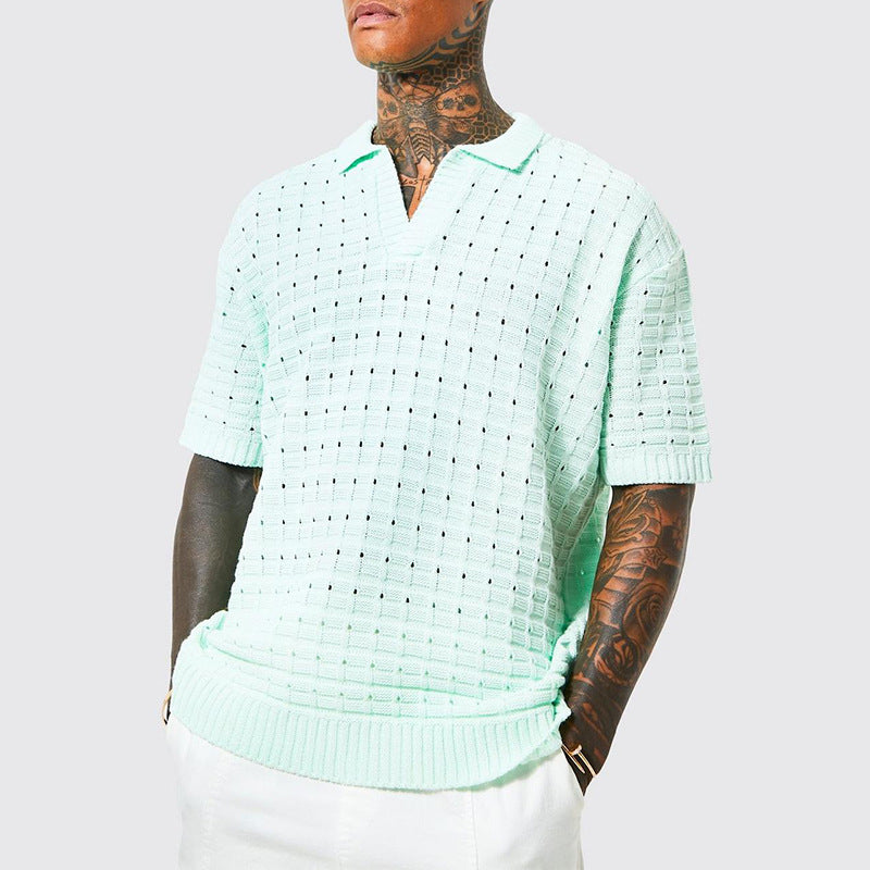 Men’s Knit Polo Shirt – Relaxed Fit – V-Neck – Short Sleeve – Breathable Cotton Blend
