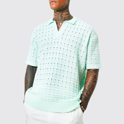 Men’s Knit Polo Shirt – Relaxed Fit – V-Neck – Short Sleeve – Breathable Cotton Blend