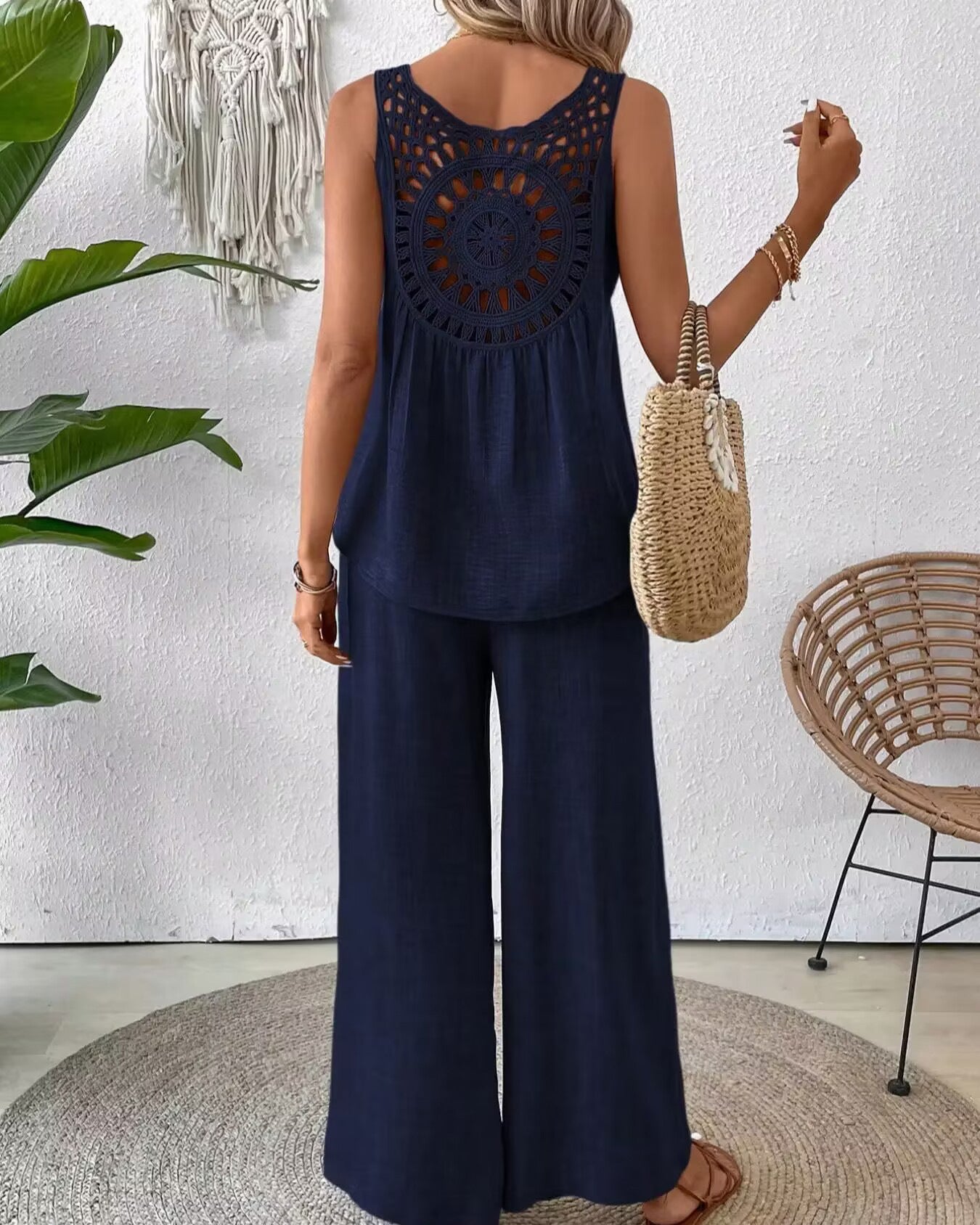 Women’s Summer Set – Sleeveless Crochet Top & Flowy Wide-Leg Pants – Casual Two-Piece Outfit