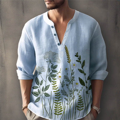 Men’s Henley Shirt – Relaxed Fit – Floral Embroidery – Cotton