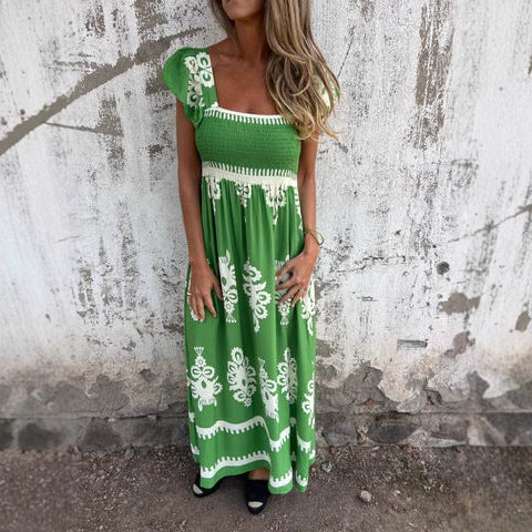 Women’s Maxi Dress – Smocked Bodice – Ruffled Sleeves – Square Neck – Breathable Blend