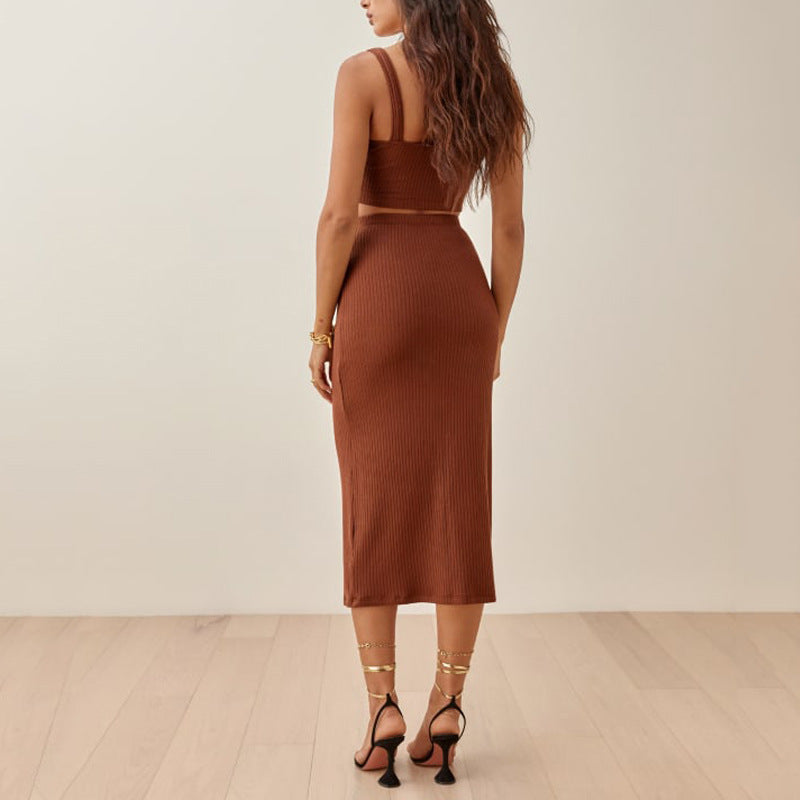 Women’s Matching Set – Ribbed Knit Crop Top and High-Waisted Midi Skirt – Slim Fit