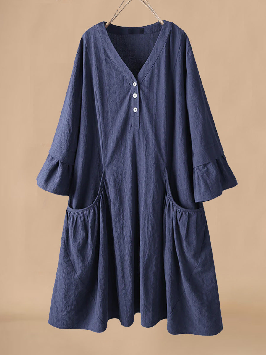 Women’s Midi Dress – Cotton Linen Blend – Relaxed Fit – V-Neck – Flared Sleeves – Pockets