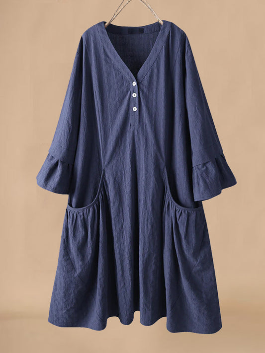 Women’s Midi Dress – Cotton Linen Blend – Relaxed Fit – V-Neck – Flared Sleeves – Pockets