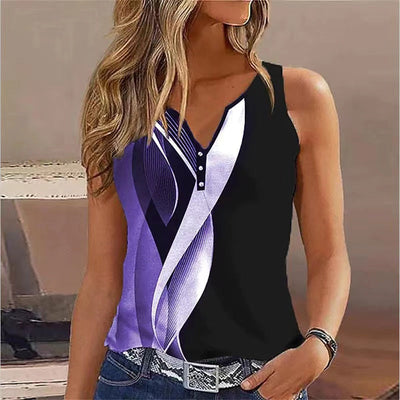 Women’s Sleeveless Top – V-Neck – Relaxed Fit – Decorative Buttons – Breathable Blend