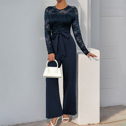 Women’s Jumpsuit – Lace Bodice – Long Sleeve – Wide Leg – Waist Tie – Formal Fit