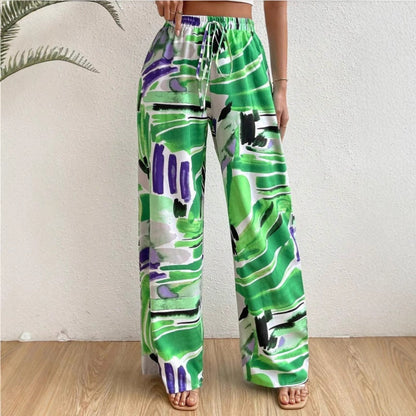 Women’s Wide-Leg Trousers – High Waist – Abstract Print – Full Length – Elastic Waist