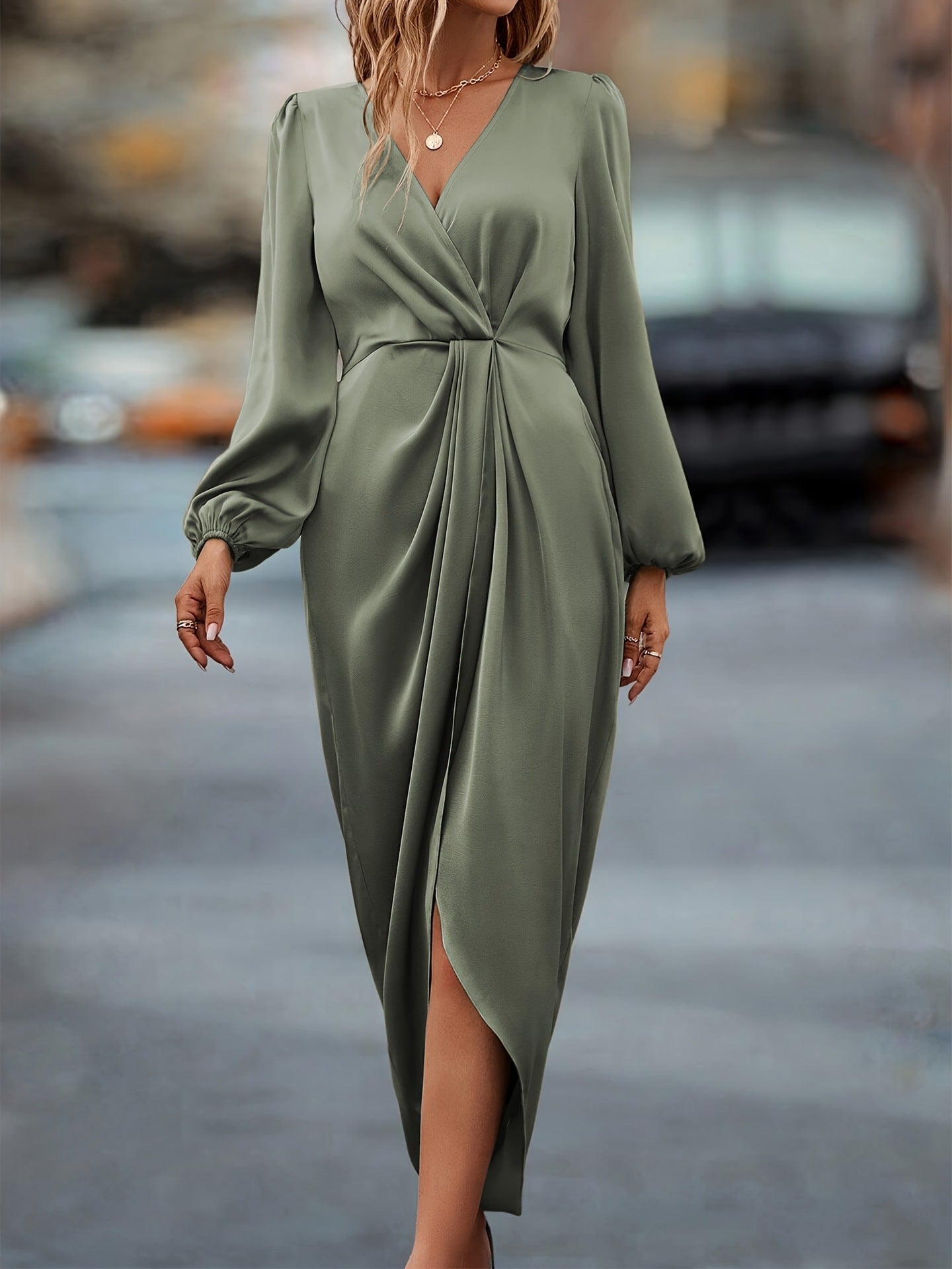 Elegant V-Neck Dress with Lantern Sleeves for Women