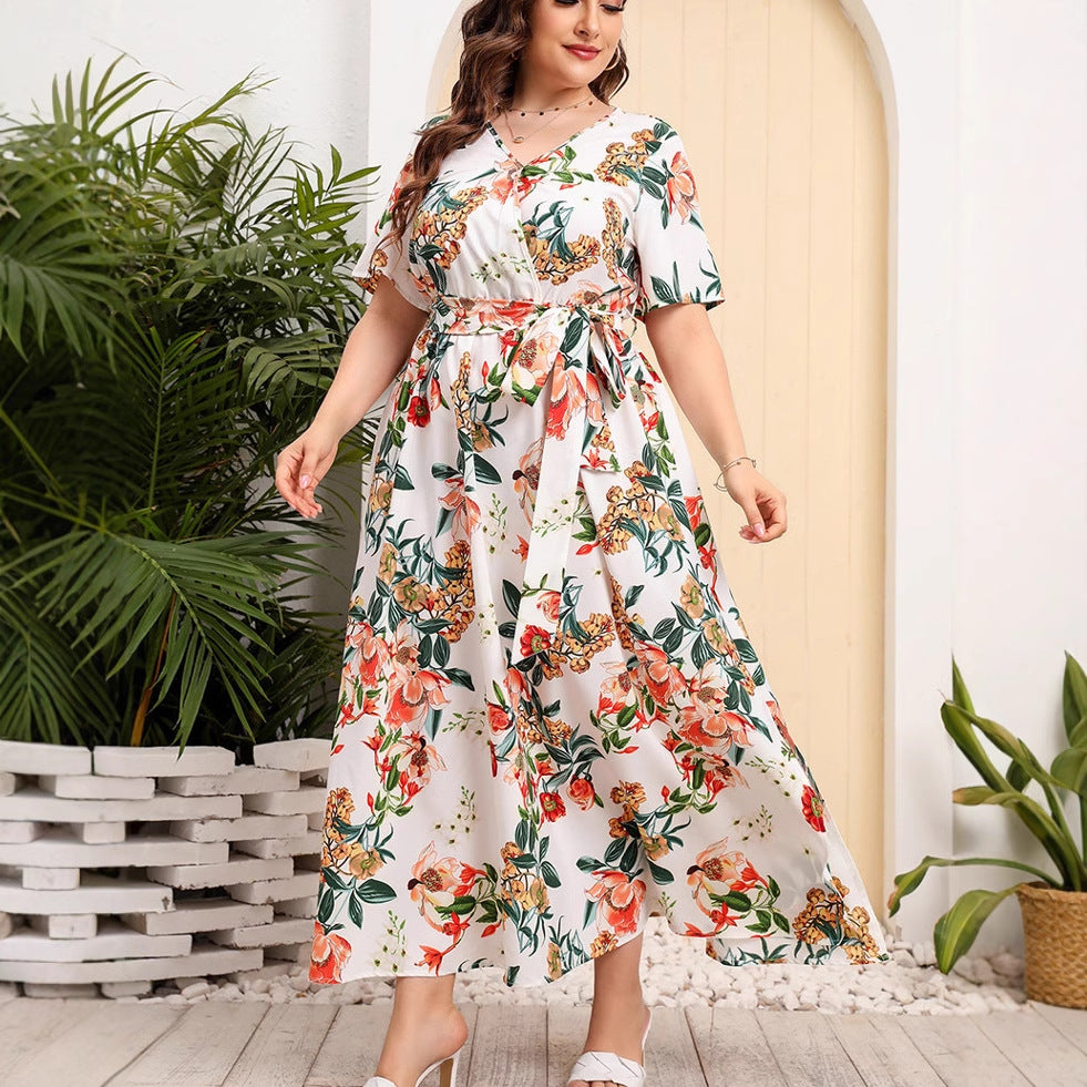 Women’s Midi Dress – A-Line Fit – V-Neck – Short Sleeve – Floral Print – Belted Waist