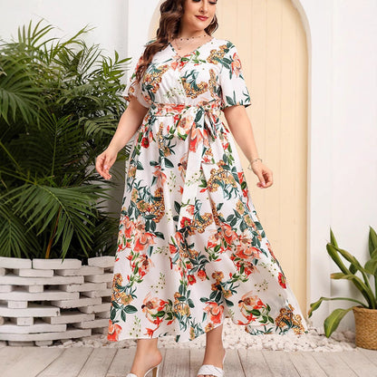 Women’s Midi Dress – A-Line Fit – V-Neck – Short Sleeve – Floral Print – Belted Waist
