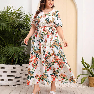 Women’s Midi Dress – A-Line Fit – V-Neck – Short Sleeve – Floral Print – Belted Waist