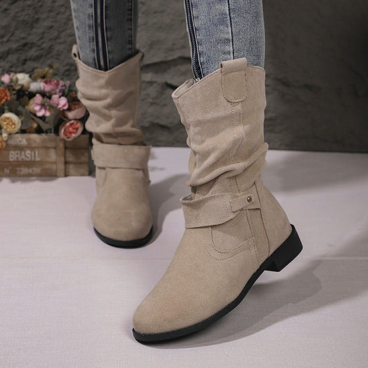 Women’s Mid-Calf Boots – Suede Finish – Block Heel – Side Zip – Slouched Fit