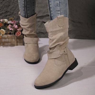 Women’s Mid-Calf Boots – Suede Finish – Block Heel – Side Zip – Slouched Fit