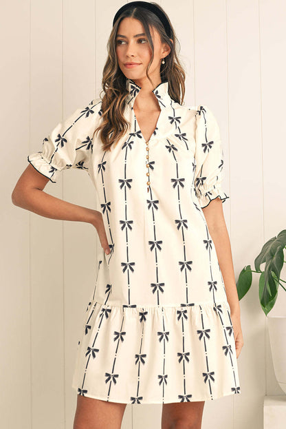 Women’s A-Line Dress – Lightweight Cotton – Puff Sleeve – Bow Print – Above Knee