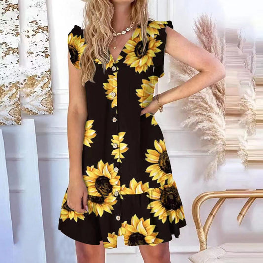 Women’s A-line Dress – Floral Print – Button-Up Front – Sleeveless Ruffle V-Neck
