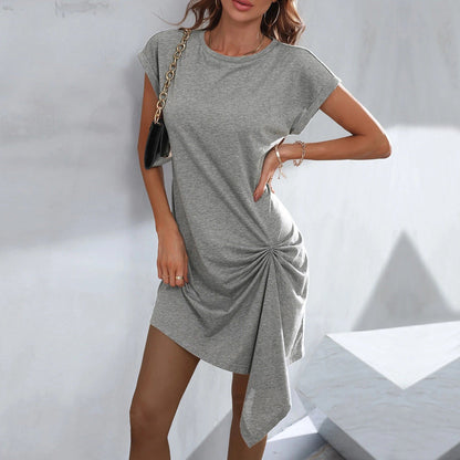 Women’s Knit Mini Dress – Casual Fit – Round Neck – Short Sleeve – Asymmetrical Hem
