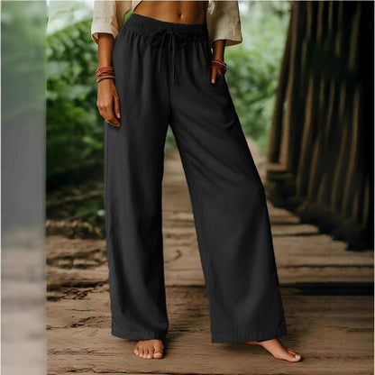 Women’s Wide Leg Trousers – Cotton Linen – Elastic Drawstring Waist – Relaxed Fit