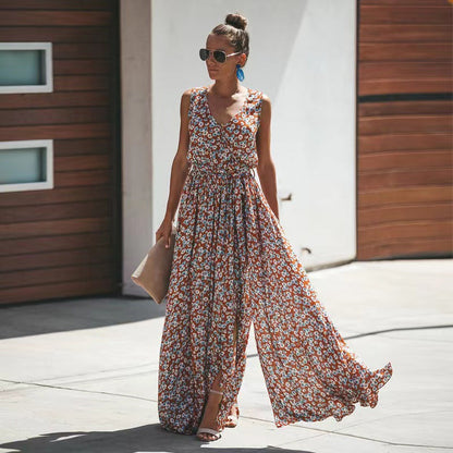 Women’s Maxi Dress – Deep V-Neck – Flowy Fit – Cinched Waist – Boho Style – Lightweight Fabric