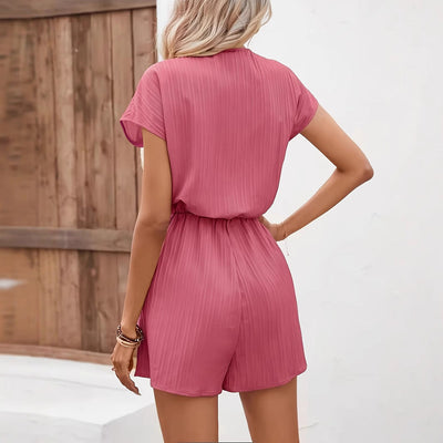 Women’s Romper – Relaxed Fit – Ribbed Texture – V-Neck – Drawstring Waist – Short Sleeve