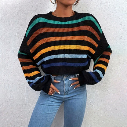 Women’s Knit Sweater – Oversized Fit – Crew Neck – Striped Pattern – Dropped Shoulders