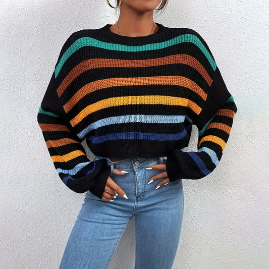 Women’s Knit Sweater – Oversized Fit – Crew Neck – Striped Pattern – Dropped Shoulders