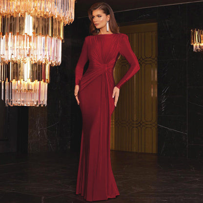 Women’s Evening Dress – Satin Fabric – Slim Fit – Long Sleeve – Gathered Waist – Full Length