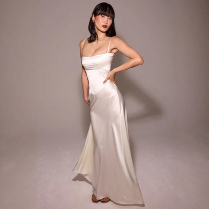 Women’s Midi Dress – Slim Fit – Satin Feel – Lace Panel – A-Line – Spaghetti Strap
