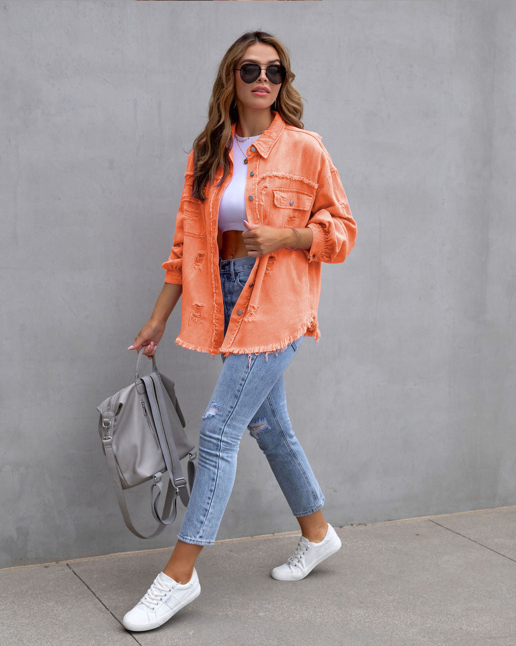 Women’s Denim Jacket – Oversized Fit – Distressed Mid Length – Casual Layering Piece