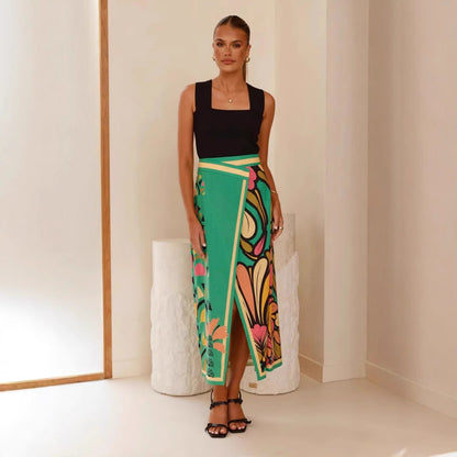 Women’s Midi Skirt – Slim Fit – High Waist – Front Slit – Abstract Print – Breathable Fabric