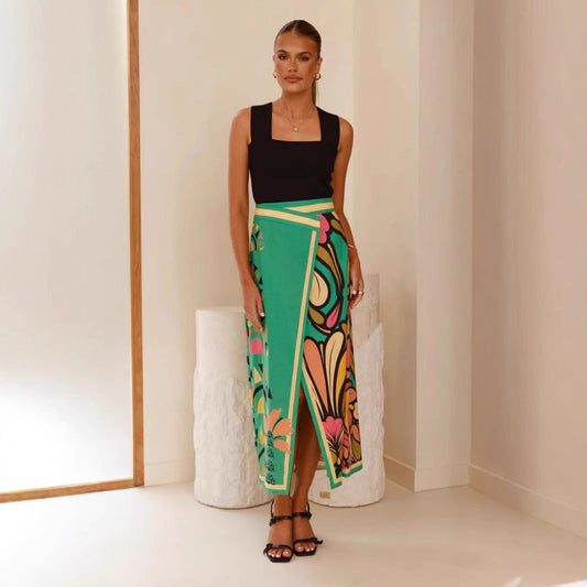 Women’s Midi Skirt – Slim Fit – High Waist – Front Slit – Abstract Print – Breathable Fabric