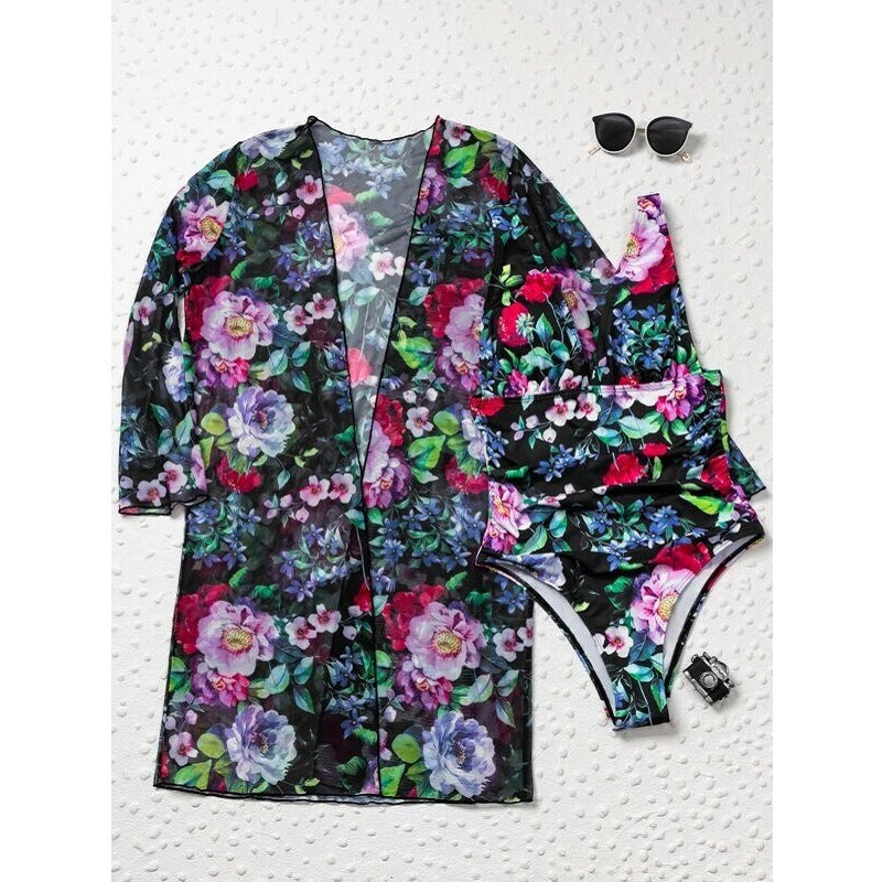 Women’s Three-Piece Swimsuit Set – Floral Print – Deep V-Neck – Sheer Long Sleeve Cover-Up
