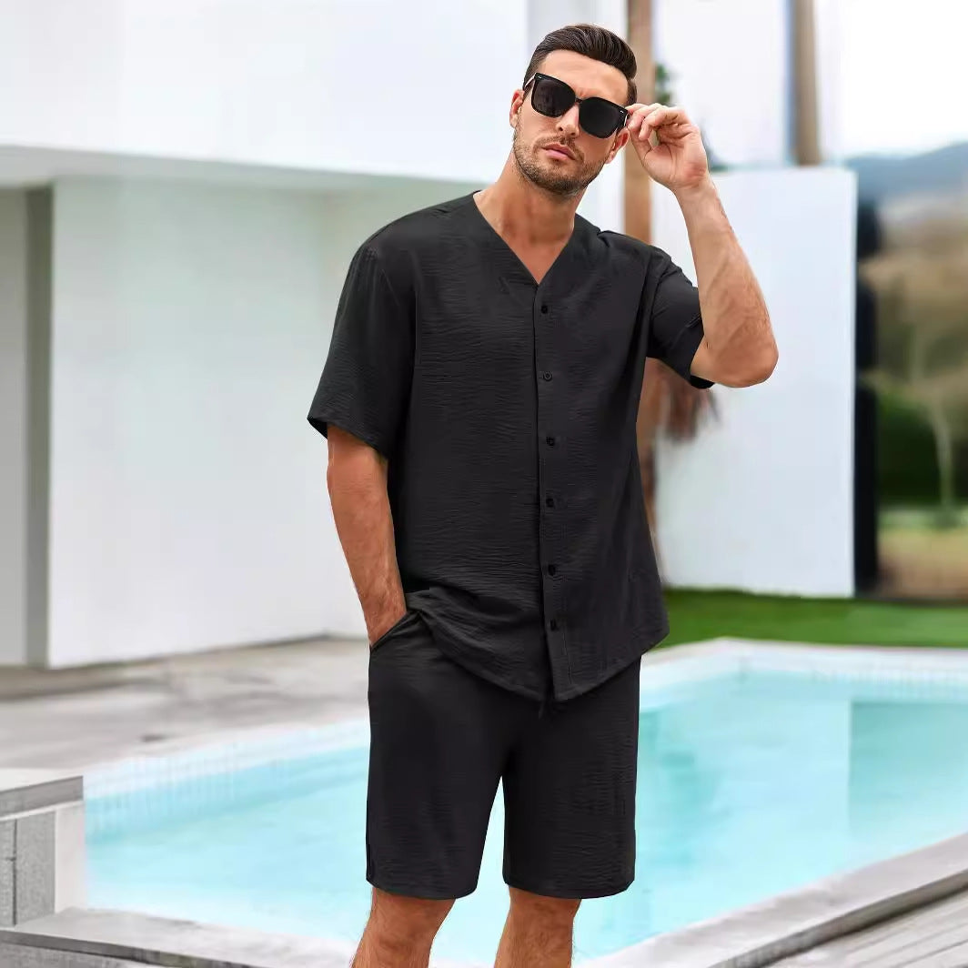 Men’s Two-Piece Set – V-Neck Button Shirt – Relaxed Fit Shorts – Breathable Cotton