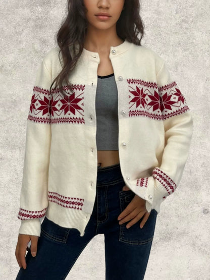Women’s Cardigan – Wool Knit – Regular Fit – Snowflake Pattern – Button Front